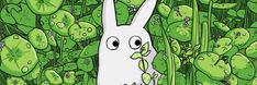 a white rabbit is standing in the middle of green plants with eyes wide open and one ear sticking out