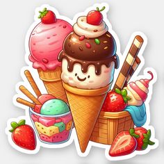 an ice cream sundae sticker with strawberries and other desserts around it