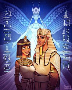 an egyptian couple standing next to each other in front of a blue background with symbols