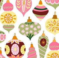 an assortment of christmas ornaments are shown in pink, green and yellow colors on a white background