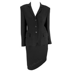 Presenting a chic black Gucci skirt suit. From the early 1990s, this classic black skirt suit is constructed of a blazer and matching pencil skirt. Approximate measurements: Jacket Size - 42IT Shoulder to cuff: 24" Underarm to cuff: 18" Bust: 34" Waist: 32" Skirt Size - 40IT Waistband to hem: 23" Waist: 27" Hips: 36 - 40" 54% rayon, 48% acetate Black Skirt Suit, Gucci Skirt, Skirt Suit Set, Blazer And Skirt, Suit Set, Black Blazer, Skirt Suit, My Clothes, Black Skirt