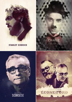 four different movie posters with the same character in each one's face and their name on them