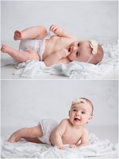 two photos of a baby laying on top of a blanket