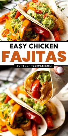 easy chicken fajitas with peppers and guacamole in the middle on tortilla shells