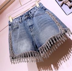 Rhinestone Fringed High Waist Denim Shorts Flash · Shop Zola · Online Store Powered by Storenvy Tassel Shorts, High Waist Denim Shorts, High Waist Denim, Festival Looks, Short Jeans, Denim Cotton, High Waisted Shorts Denim, Denim Shorts Women, Fashion Streetwear