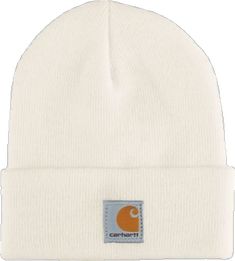 a white beanie with an orange and blue patch on the front that says carhart