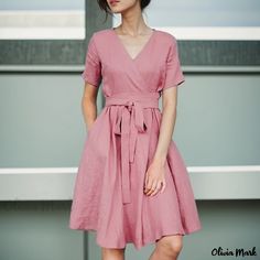 Olivia Mark - Chic Midi Dress with V-Neckline, Solid Color, Short Sleeves, Pockets, Bow Tie Waist Belt, and Cotton Linen Material Midi Dress Work, Beautiful Midi Dresses, Cotton Linen Dresses, Romantic Dress, Fashion Mode, Linen Dresses, Linen Clothes, Types Of Skirts, Amelie