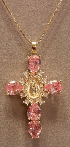 Pink Oval Virgin Mary Cubic Zirconia Cross Pendant Necklace Copper  Necklace is 17.3"   w/1.9" Ext Cross is 1.5" Long and 1.1" Across Womens Cross Necklace, Rosa Gold, Jewelry Gold Necklace, Jewelry Cross Necklace, Crosses Necklace, God Necklace, Gold Necklace Cross, Gold And Pink Jewelry, Mary Necklace