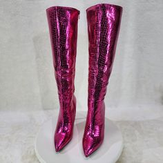 Fuchsia Metallic Festive Pointy Toe With Inseam Side Zipper Snake Skin Textured 4 Inch Stiletto Heel Brand New In Box. Pink Boots For Night Out During Party Season, Trendy Pink Boots For Party Season, Pink Fitted Boots For Party Season, Fitted Pink Boots For Party Season, Pink Heeled Party Boots, Pink Round Toe Boots For Party Season, Pink Fitted Heeled Boots For Party, Pink Boots For Night Out And Party Season, Pink Boots For Party Season And Night Out