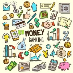 the words money banking surrounded by various hand drawn icons and symbols on a white background