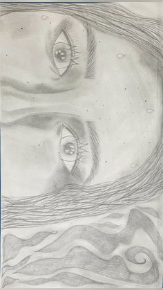 a pencil drawing of a woman's face with her eyes open and water swirling around her