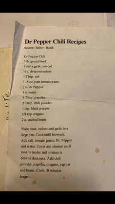 some papers are stacked on top of each other with the words dr pepper chili recipes