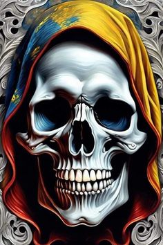 a painting of a skull wearing a red hoodie