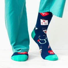 Buy On Amazon Show your support for essential front line workers, including nurses, doctors, EMT's and other health care professionals who have dedicated their lives to helping heal others! These colorful, medical socks featuring hospital icons like the red cross, x-ray machines, pills, stethoscopes are the perfect prescription for smiles. Proudly wear them yourself to show your support or send them to a nurse, doctor or medical professional you know to help lift their spirits! Lavley socks are Medical Socks, Nurse Socks, Hospital Workers, Male Nurse, Stethoscopes, School Wear, Women Crew Socks, Nurse Doctor, Funny Socks