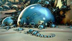 an abstract scene with blue balls and chains on the ground, surrounded by other objects