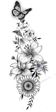 a black and white drawing of flowers with butterflies