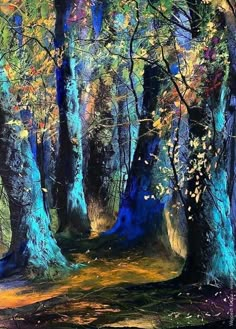 an oil painting of trees in the woods with blue and yellow leaves on their trunks