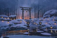 a snowy scene with lanterns lit up in the snow