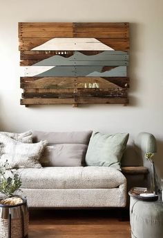 "Create a rustic wall art piece using repurposed wooden pallets. The design should incorporate natural wood tones, with the pallet slats arranged in a geometric pattern or a scenic landscape like a forest or mountain view. Add subtle paint splashes in muted tones or metallic accents for a touch of modern flair." Pallet Wall Art, Wood Tones, Muted Tones, Rustic Wall Art, Paint Splash, Rustic Wall, Wooden Pallets