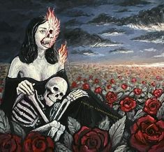 a painting of a woman holding a skeleton in a field of roses with a sky background