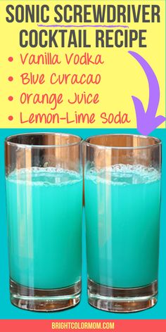 two glasses filled with blue curaco and lemon - lime soda on top of each other