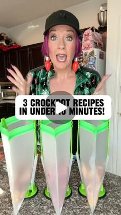 a woman standing in front of three plastic containers with the words 3 crock pot recipes in under 5 minutes