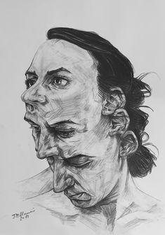 a black and white drawing of a woman's face with her mouth open, looking to the side