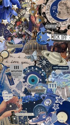 a collage of various items that are blue and white