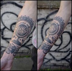 two pictures of the same arm and wrist with tattoos on it, one has a globe in