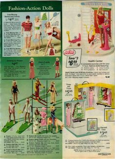 an advertisement for barbie dolls from the 1950's with pictures of people and toys