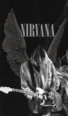 nirvana playing guitar with an angel wings on his head and neck, in black and white