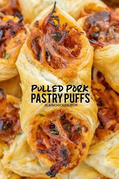 puffed pork pastry rolls are piled on top of each other with the words pulled pork pastry