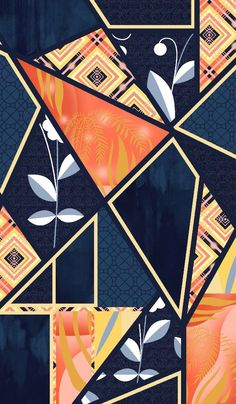 an abstract painting with orange and blue colors on black background, featuring leaves and geometric shapes