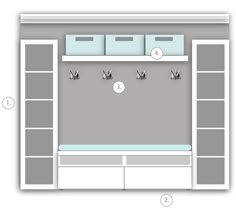 a drawing of a room with shelves and drawers