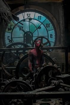 the amazing spider - man stands in front of a clock