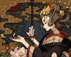 an image of a woman holding a cane in front of a stained glass window with flowers on it