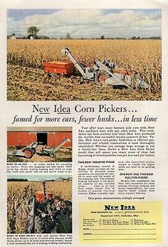 an advertisement for new idea corn pickers, with pictures of the farm equipment in it