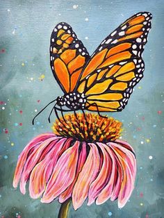 an acrylic painting of a monarch butterfly on a pink flower with blue background