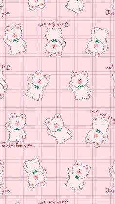 a pink wallpaper with white teddy bears and words written on the side of it