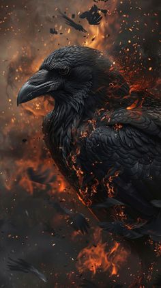 a large black bird sitting on top of a fire filled field with lots of birds flying around