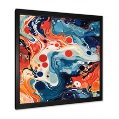 an abstract painting in blue, orange and white with red dots on the bottom framed canvas wall art print