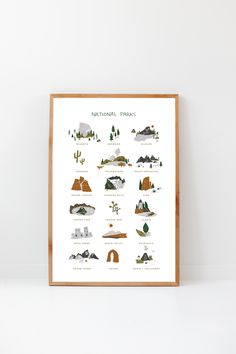 the national parks poster is displayed on a white wall in front of a wooden frame