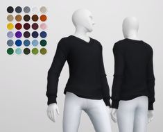 two mannequins wearing black sweaters and white pants with colored circles on them