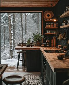 Dark Green Cabin, Countryside Kitchen, Green Cabin, Luxe Kitchen, Ranch Kitchen, Kitchen Improvements, Future Home, Tiny House Cabin, Diy Cabinets