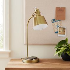 a desk lamp sitting on top of a wooden table next to a potted plant