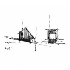 an ink drawing of two small buildings