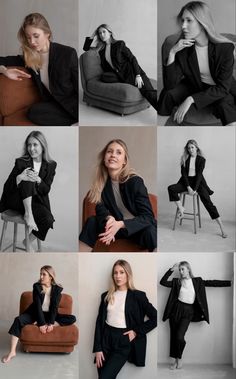 a woman sitting on top of a chair in different poses