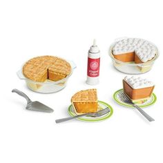 American Girl dolls can whip up spectacularly scrumptious pies with this set, which includes everything but the mouth-watering scents from the oven. It includes: two clear pie pans and two crusts, divided into three parts for mixing and matching, a pumpkin pie and an apple pie, both also divided into three parts, a whipped cream top for one of the pies and a can of faux whipped cream, two fall-themed plates, two forks and a pie server. Size: 18".  Color: Multicolor. American Girl Food, Og Dolls, American Girl Doll Sets, American Girl Doll Food, Pie Baking, American Girl Doll House, American Girl Doll Furniture, 귀여운 음식 그림, American Girl Accessories