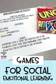 a piece of paper with the words games for social emotion learning on it and a candy bar