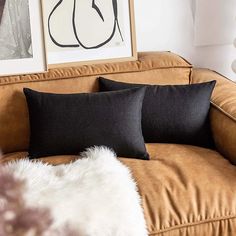 two black and white pillows sitting on top of a brown couch next to a painting